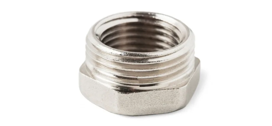 A bright nickel-plated bolt with a smooth, reflective finish