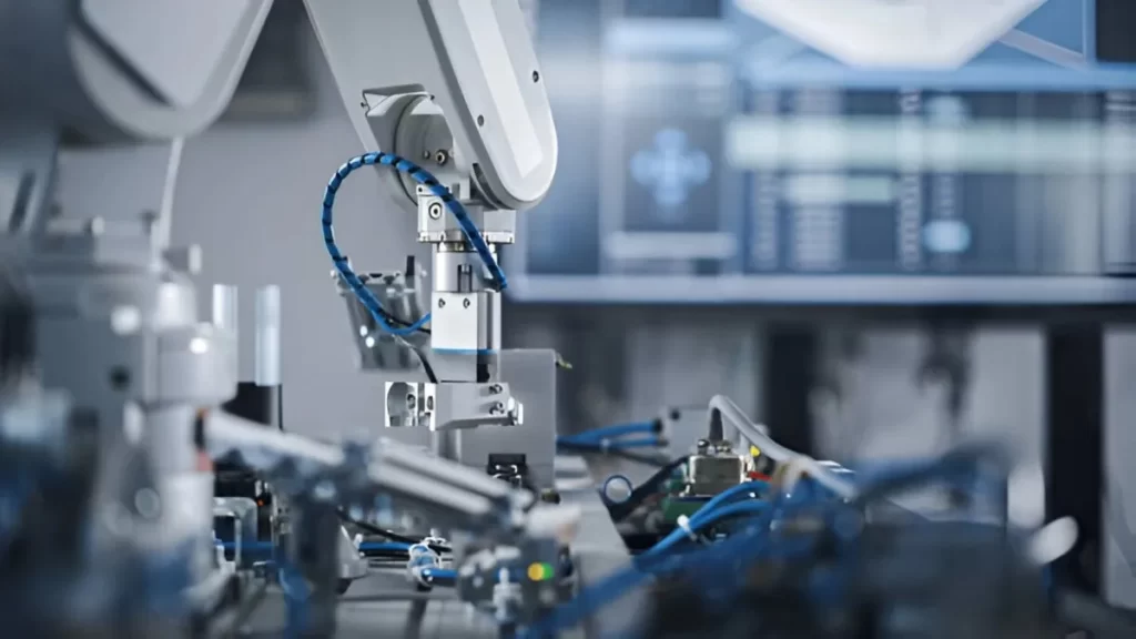 A CNC robot performing a machining operation on an assembly line setup.