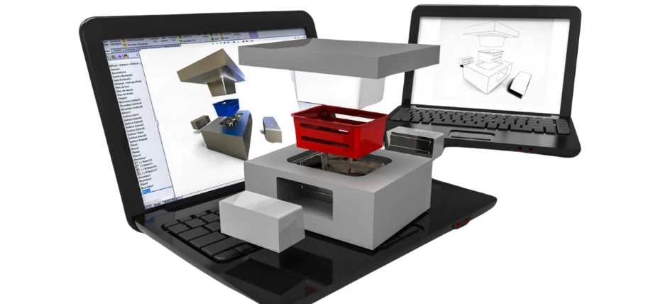 Laptop with 3D model of injection molding part and mold in exploded view