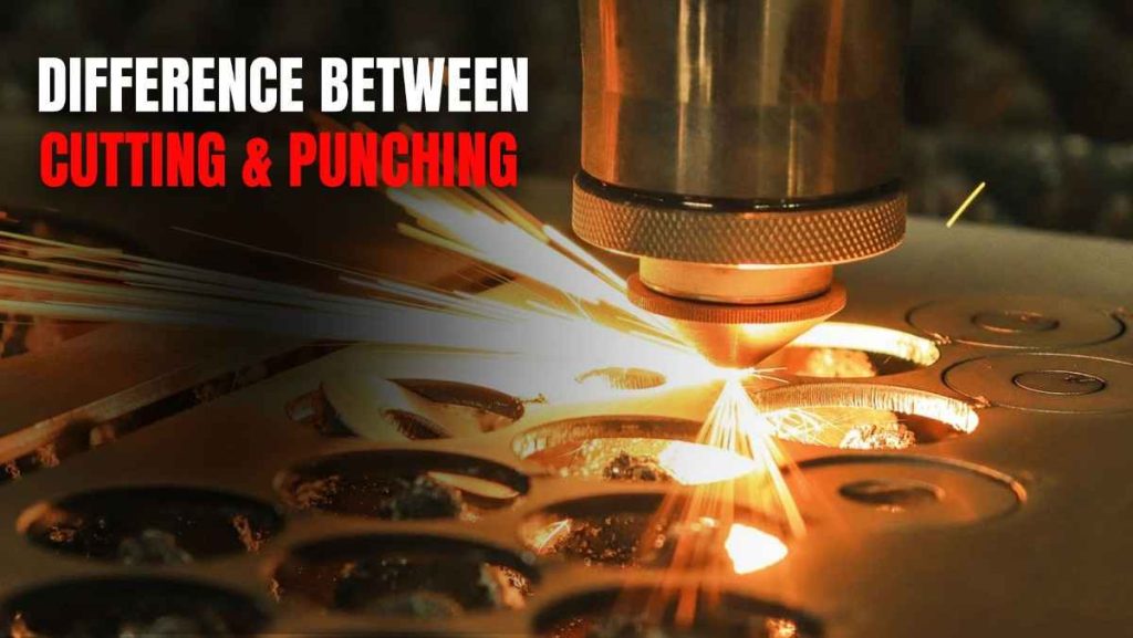 Laser cutting machine producing bright sparks as it cuts circular shapes in a metal sheet.