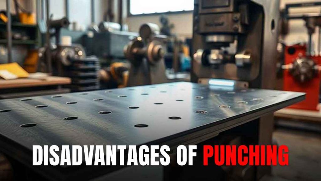 A metal sheet with several punched holes lying on a workbench
