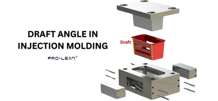 Injection molding metal mold top and bottom exploded view with a red plastic part with draft angle highlighted in yellow dotted lines with text “Draft angle in injection molding”