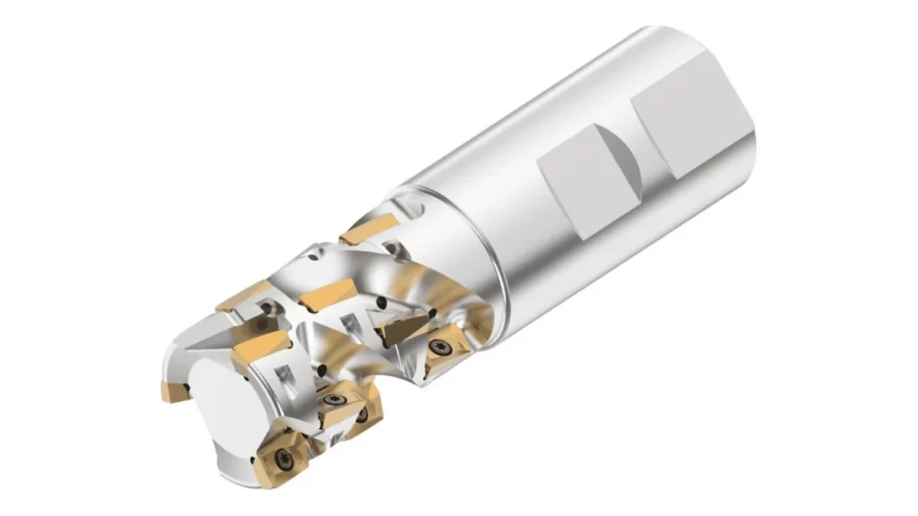 Clear view of a helical milling tool with detailed design and helical cutting edges, displayed on a white background.