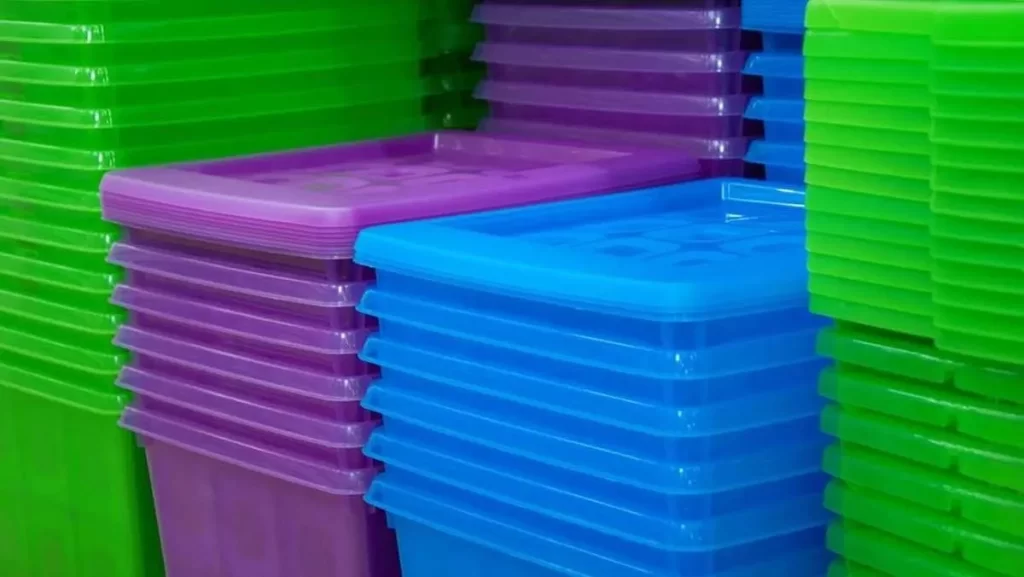 Stacked colorful plastic storage bins