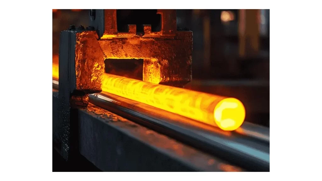 Hot-working tool steel being processed, with glowing red metal under high heat.