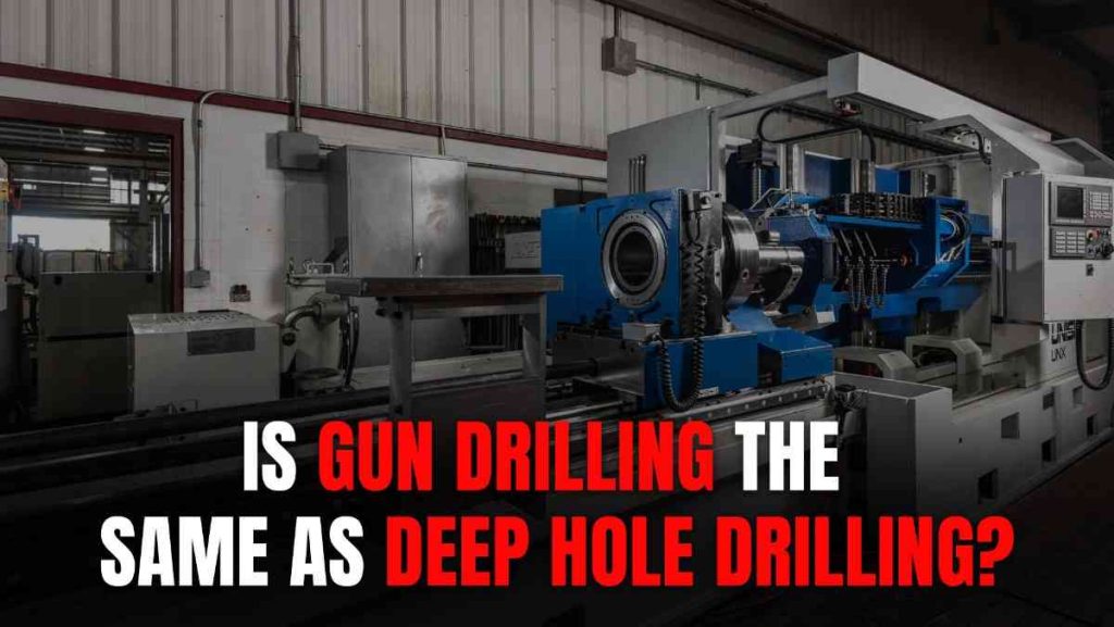 Large blue and white industrial deep hole drilling machine in a factory.