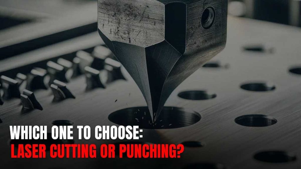Close-up of a metal punch tool creating a hole in a textured metal surface.