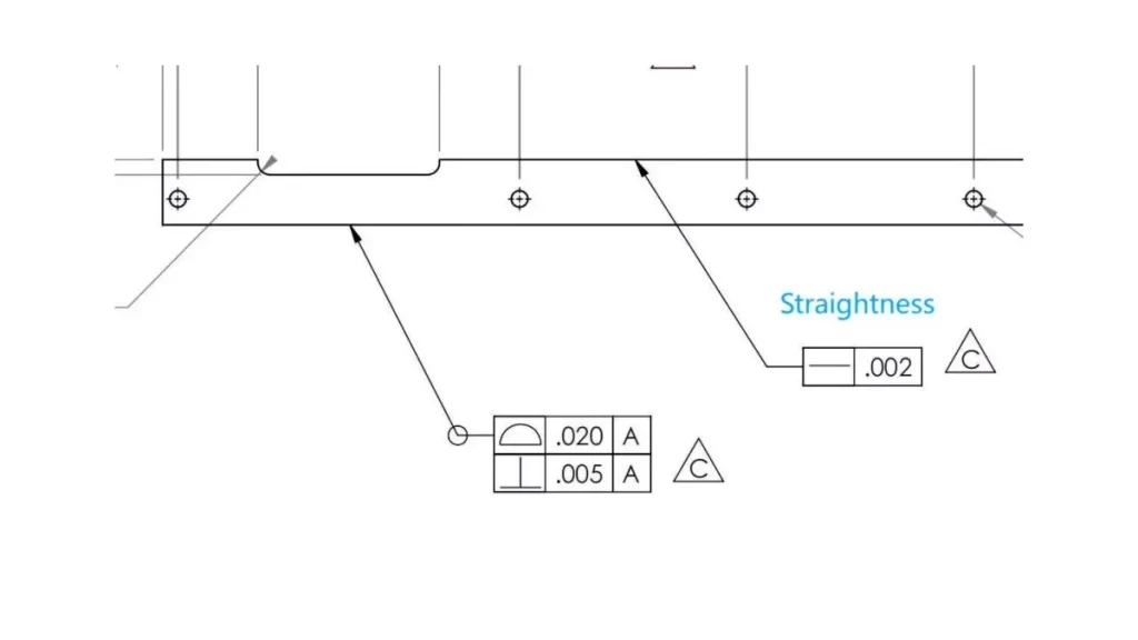 An illustrated diagram showing the method of measuring straightness, featuring a part surface and reference axis.