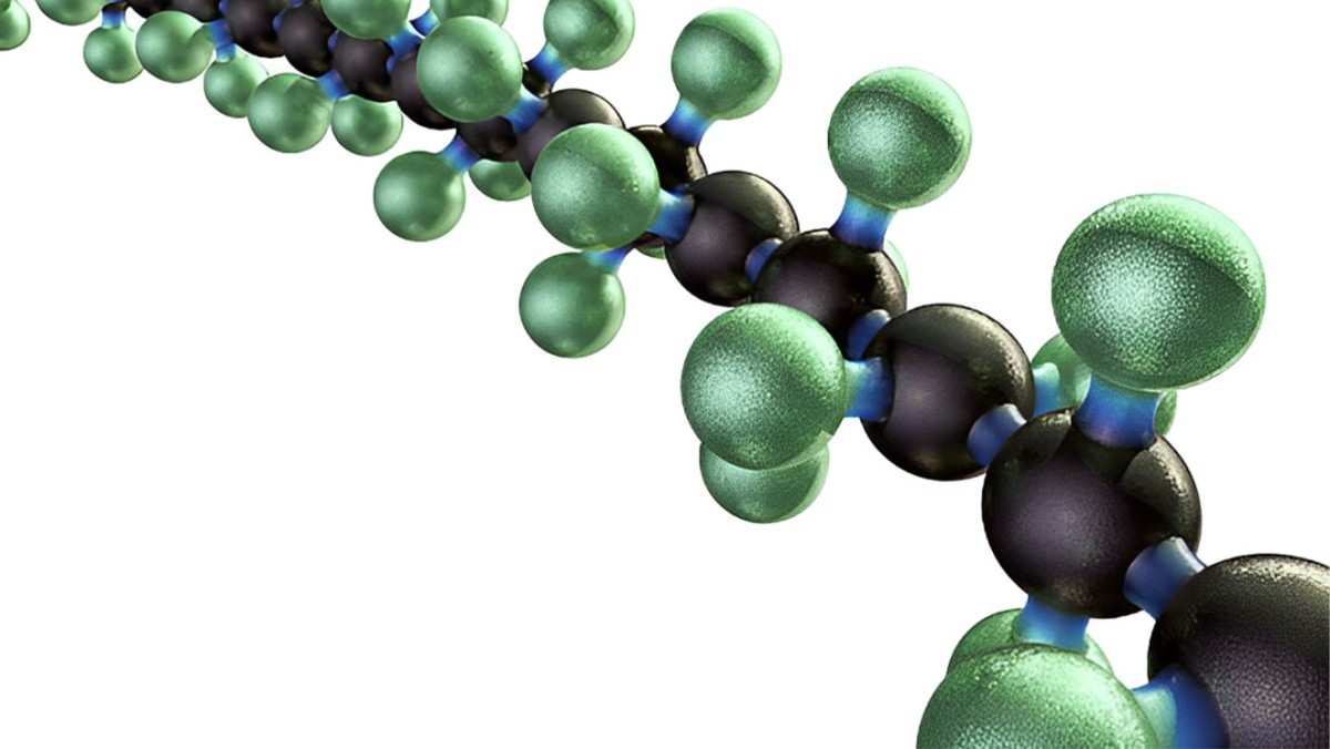 A molecular model of a polytetrafluoroethylene chain, showing the carbon backbone and fluorine atoms