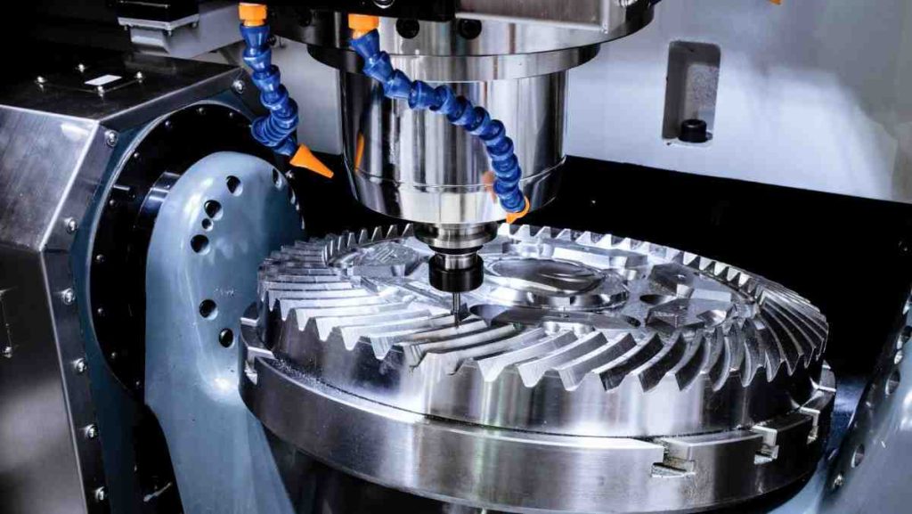 A CNC machine with a rotating cutting tool.
