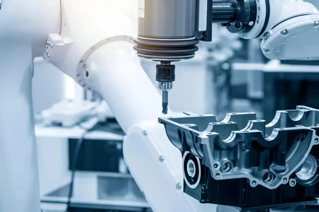 The image shows an automotive parts finishing process by a milling spindle attached to the robotic arm.