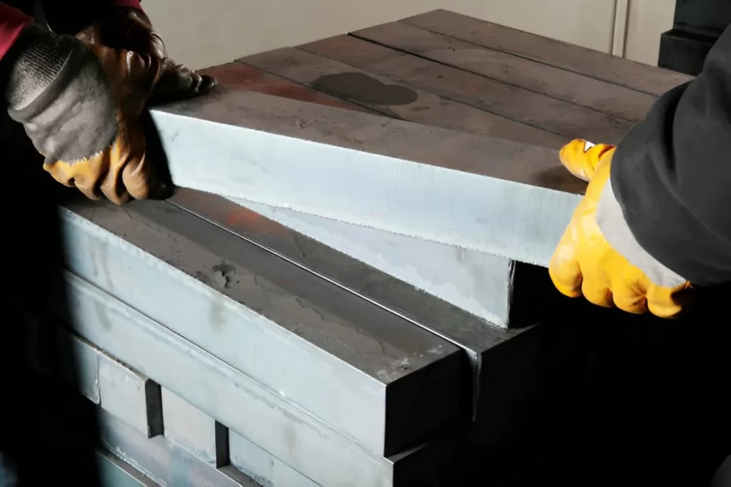Stacked shock-resisting (S-series) tool steel bars being lifted by two people.