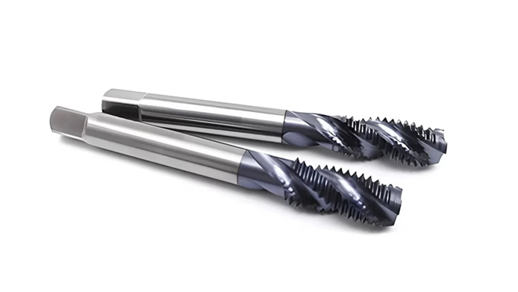 Two shiny, silver metal tap tools with spiral flutes, used for creating threads.
