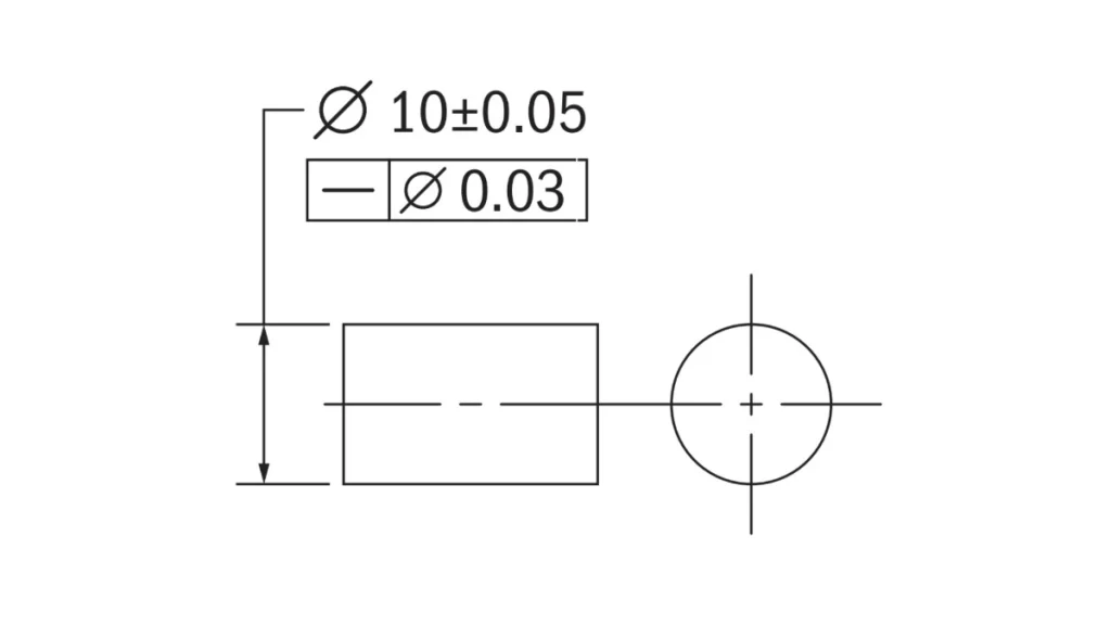 An illustration displaying the straightness of an axis in GD&T. It shows a cylindrical part and a reference line representing the ideal center axis.