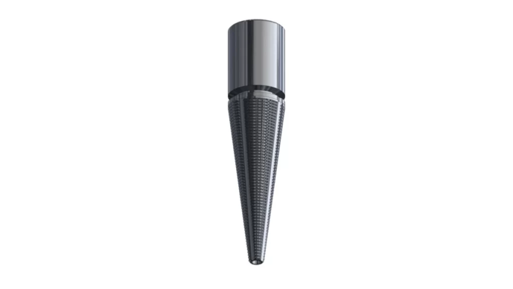 A close-up of a silver, conical, and textured drill bit