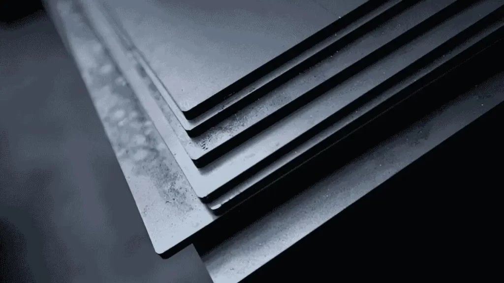 The image shows flat titanium sheets stacked evenly.