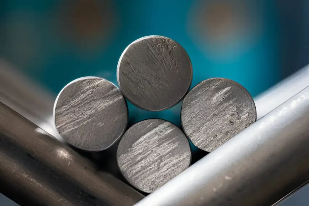 Close-up view of smooth, cylindrical tool steel rods arranged closely together.