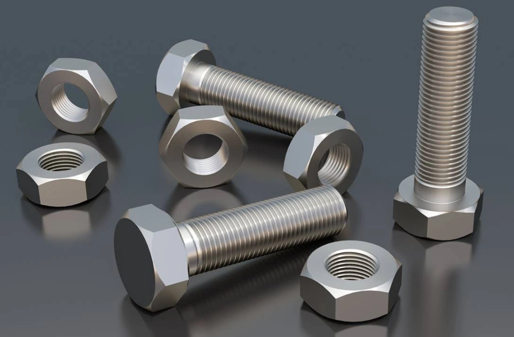 An image of shiny carbon steel bolts and hex nuts displayed on a dark surface