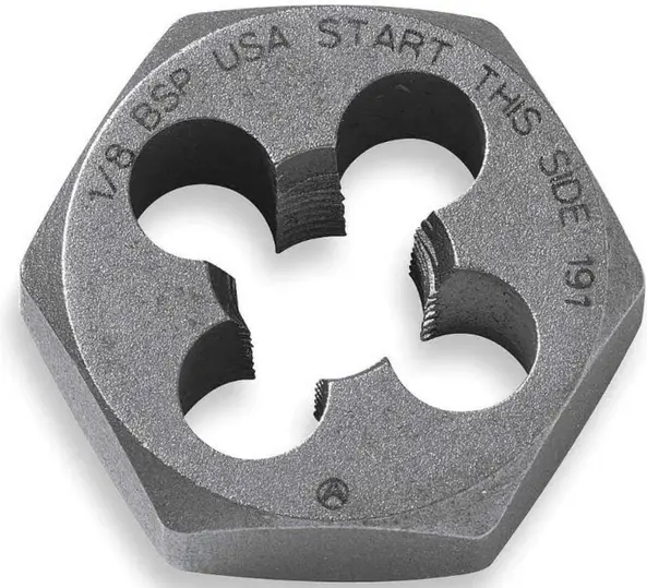 A closeup of a hex die made of high carbon steel 