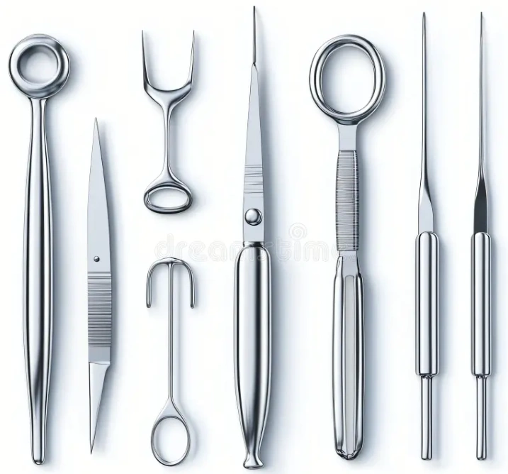 Assorted stainless steel surgical instruments aligned on a white background