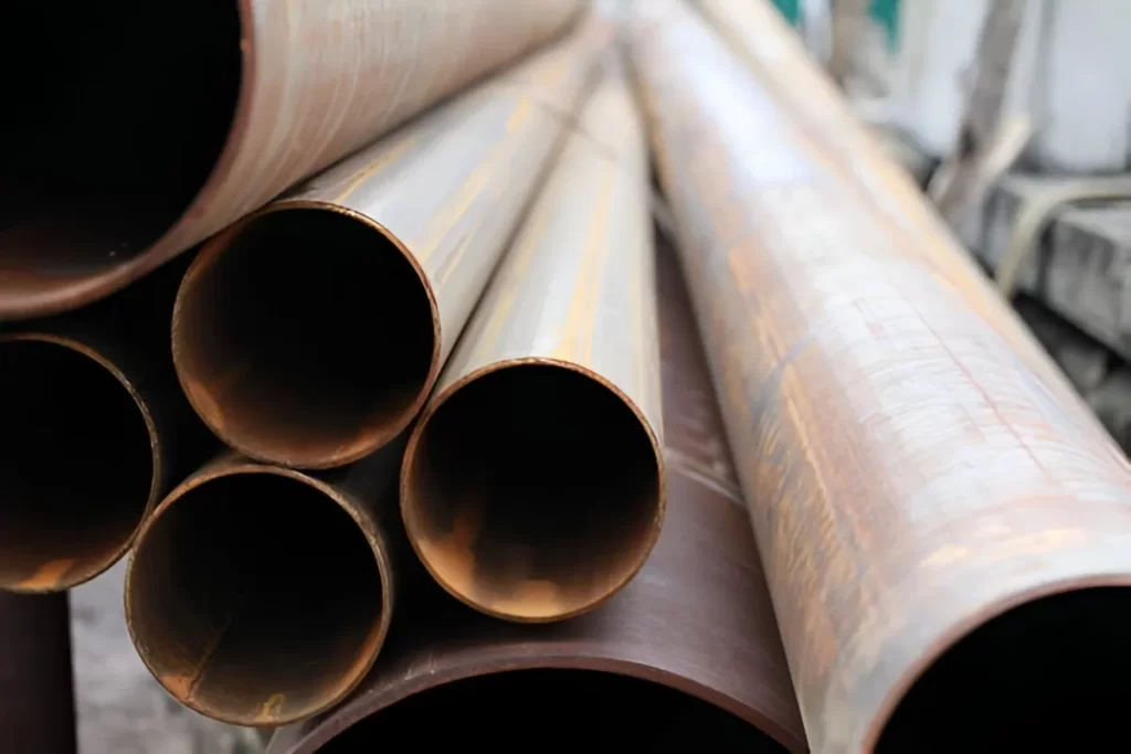 The image shows a close-up of stacked 1010 steel pipes.