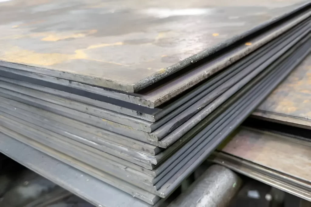 The image shows a close-up of stacked AISI SAE 1008 mild steel sheets.