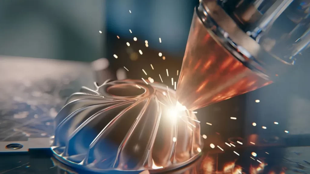 Laser melts metal powder in additive manufacturing.