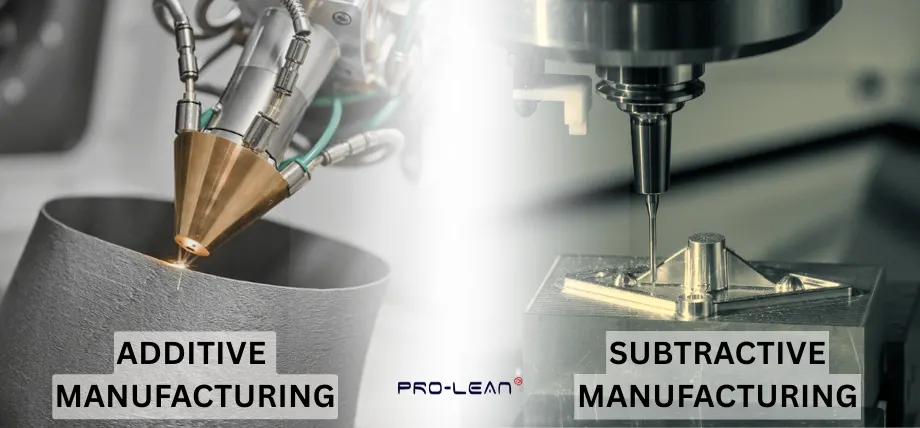 Metal 3D printing machine on left with CNC milling machine, tool and part on right with text “Additive manufacturing” and “Subtractive manufacturing”
