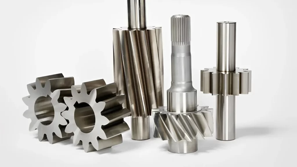 Metal machined components with precision gears.