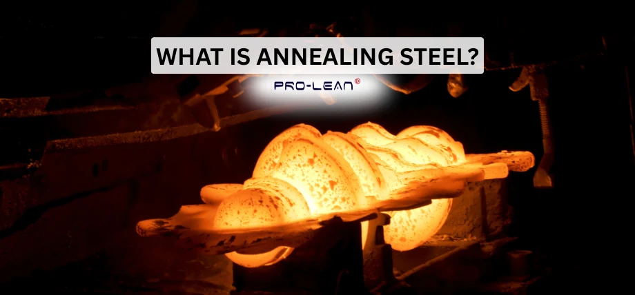 Large steel piece glowing red in an industrial setting in a heat treatment process with text: “What is annealing steel?”