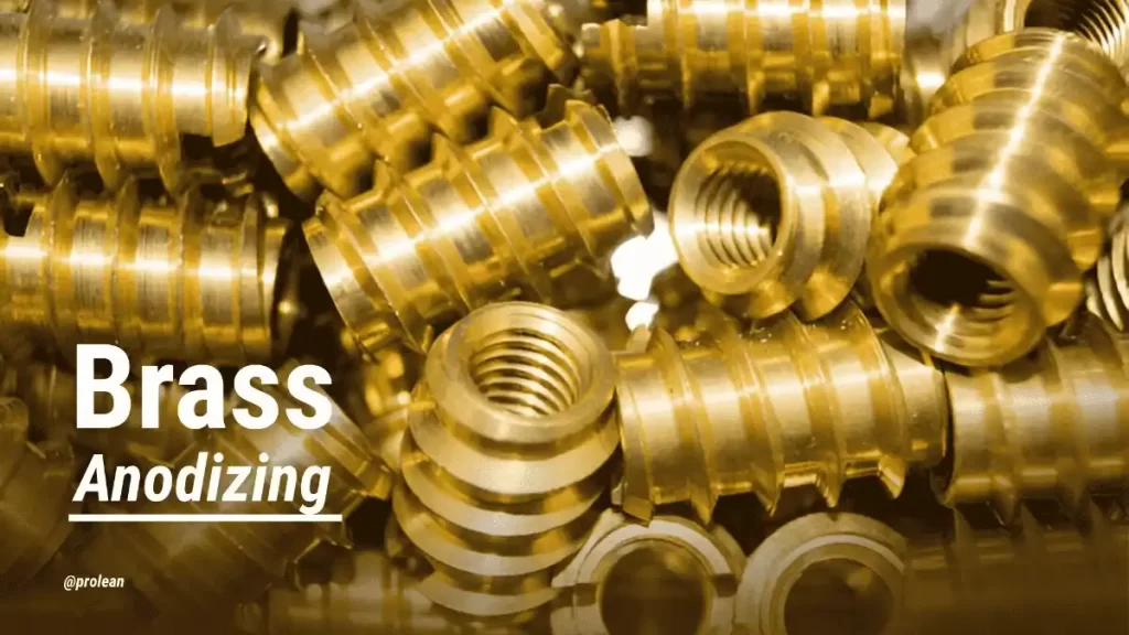 The image shows a bold title, “Brass Anodizing”, overlaid on a close-up of brass parts.