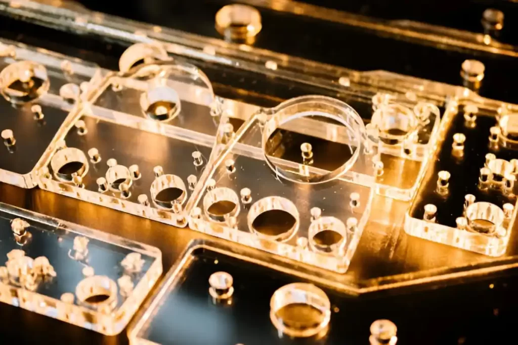 CNC machined acrylic part with a crystal brownish shade.