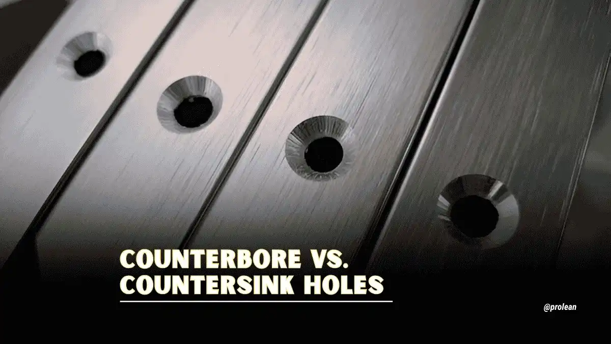 The image shows a hole-related background with the text “Counterbore vs Countersink Holes” overlaid.