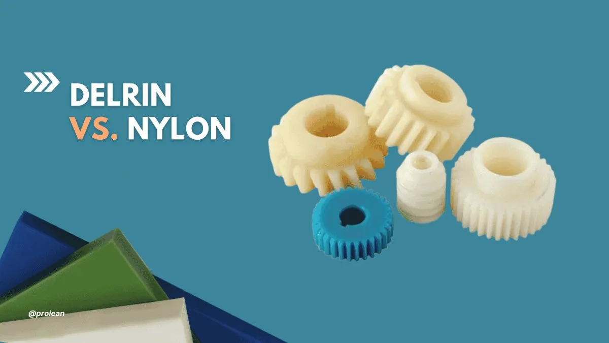 The feature image shows "Delrin Vs. Nylon" text over a solid blue background. It includes product images to visually represent both materials.