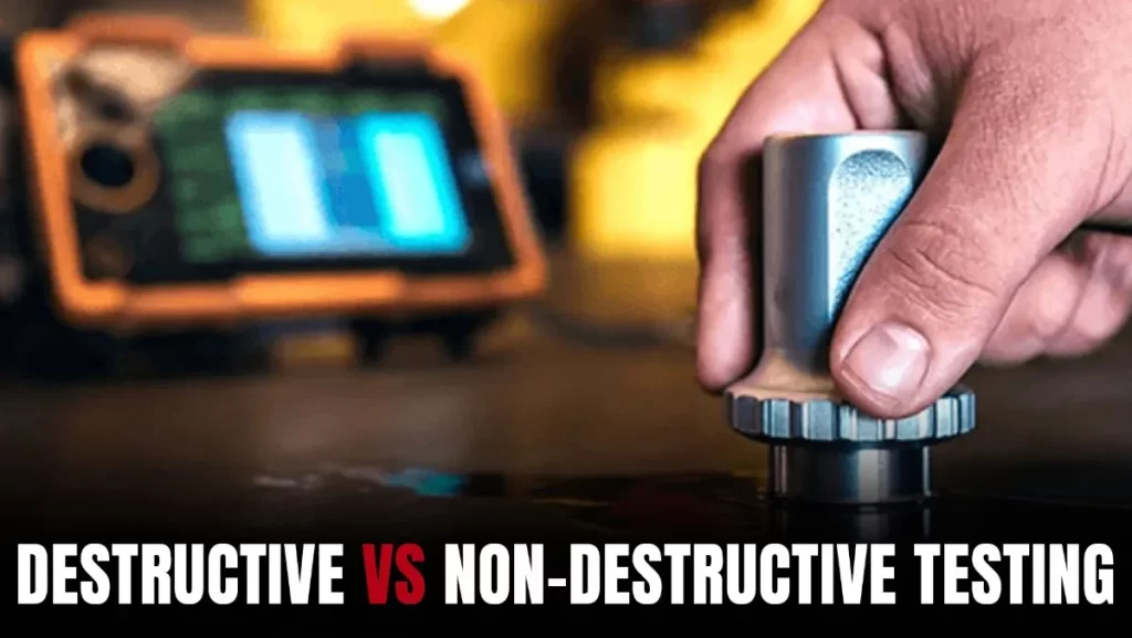 Hand holds NDT probe, with a testing device.