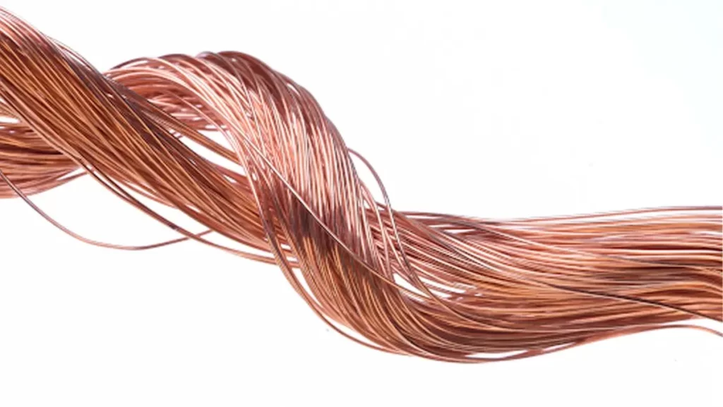 Twisted strands of shiny, reddish-brown copper wire.
