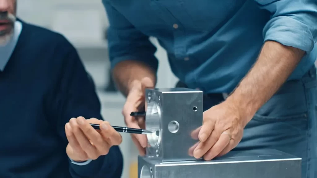 Two professionals reviewing and discussing a prototype.
