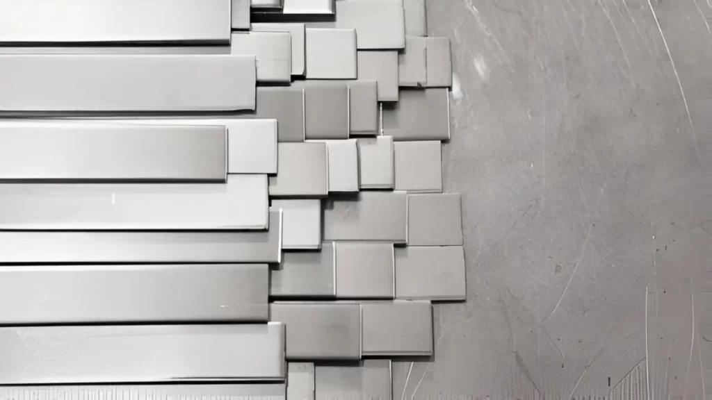 The image shows flat stainless steel bars neatly stacked.