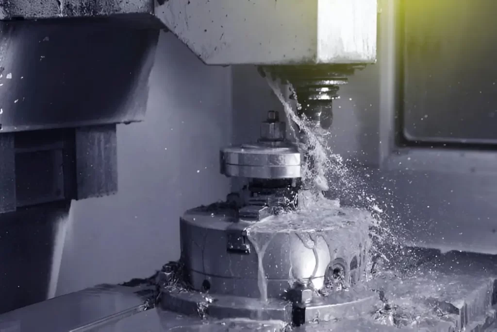 A high-speed machining operation in progress. It is showing a cutting tool rapidly removing material from a metal workpiece.