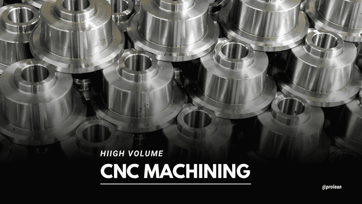 Feature image with text overlay reading High Volume CNC Machining, set over a background of stacked machined metal parts.