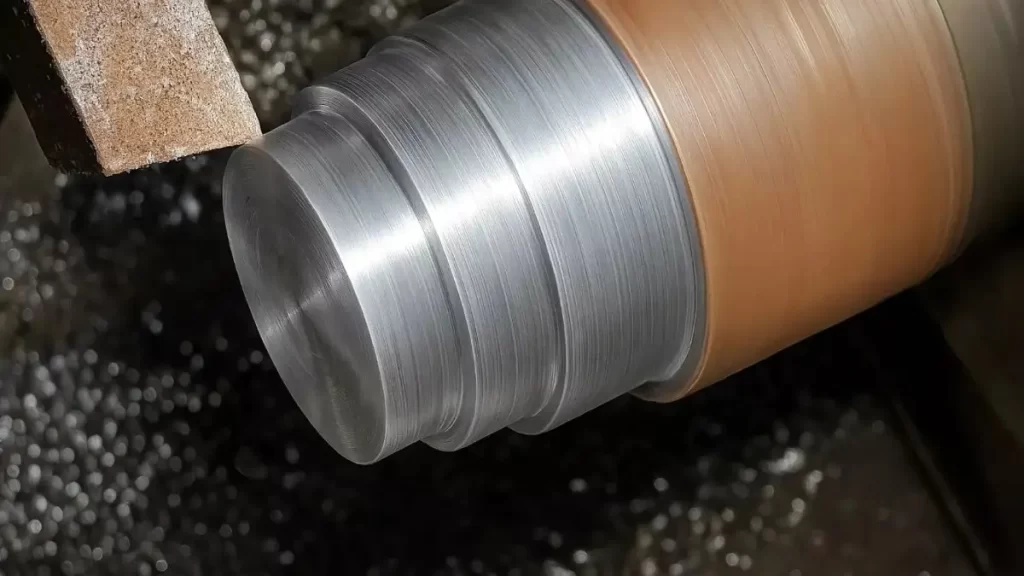 The image shows a metal workpiece mounted on a lathe machine and is being step turned. The cutting tool is in contact with the rotating metal. It forms distinct stepped sections of different diameters along the workpiece. 