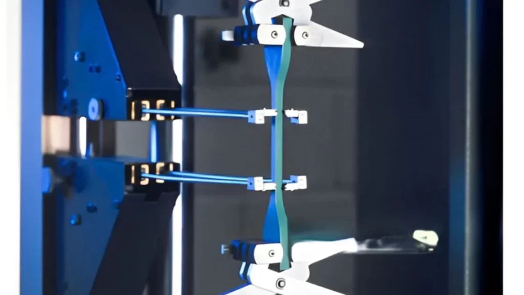Green sample undergoing mechanical testing with extensometers.