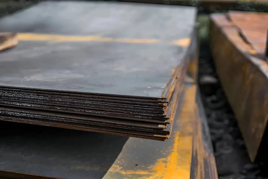 The image shows stacked mild steel plates.