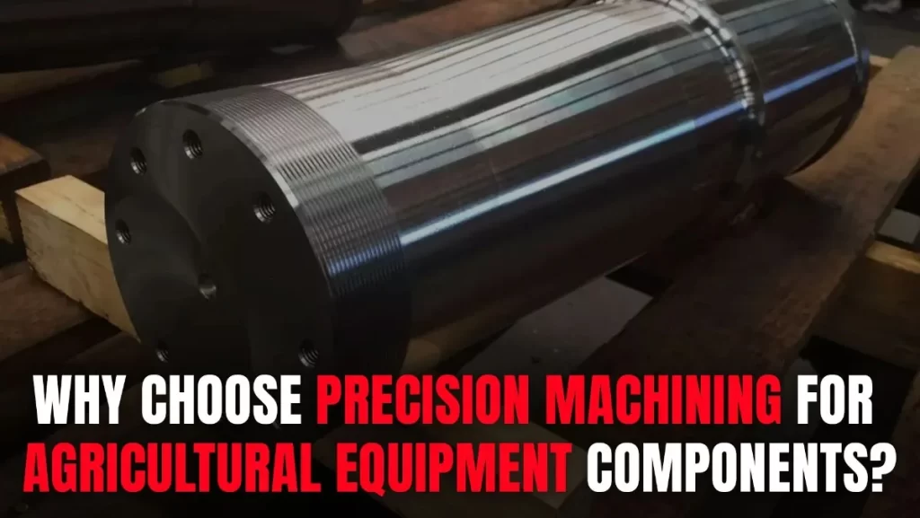 Large machined metal shaft for agricultural equipment.