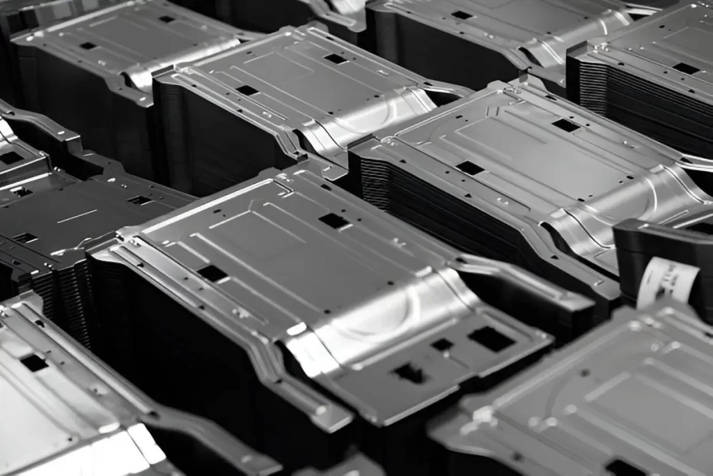 Neatly stacked aluminum parts stamped using progressive dies.
