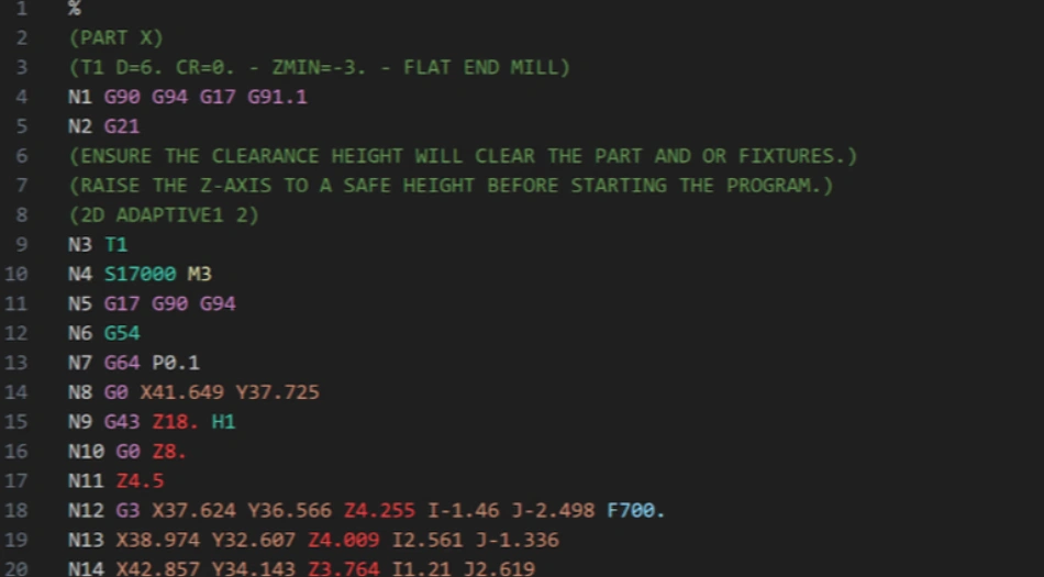 An image of a snapshot of a CNC screen showing milling code of different colors against a black background
