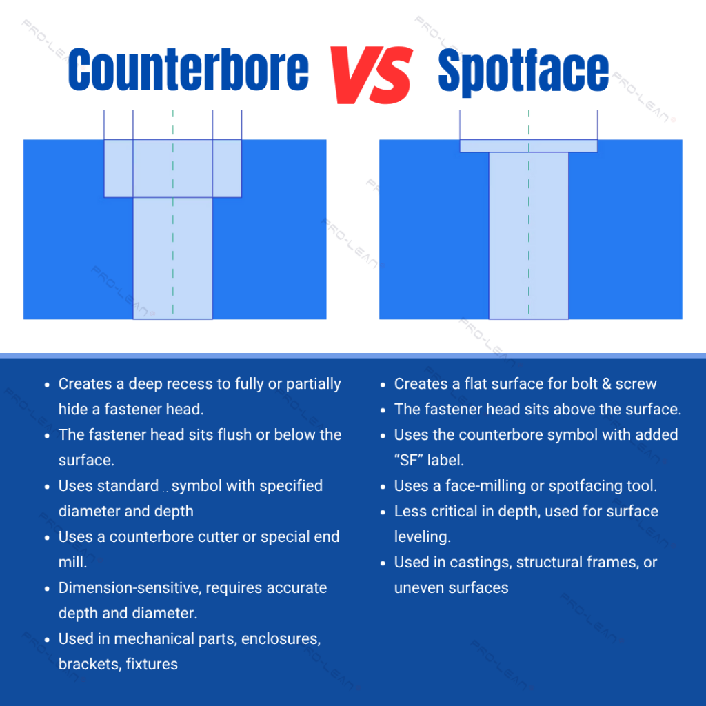 The image shows an infographic comparing spotface and counterbore holes side by side. It highlights their differences in shape, depth, and application.