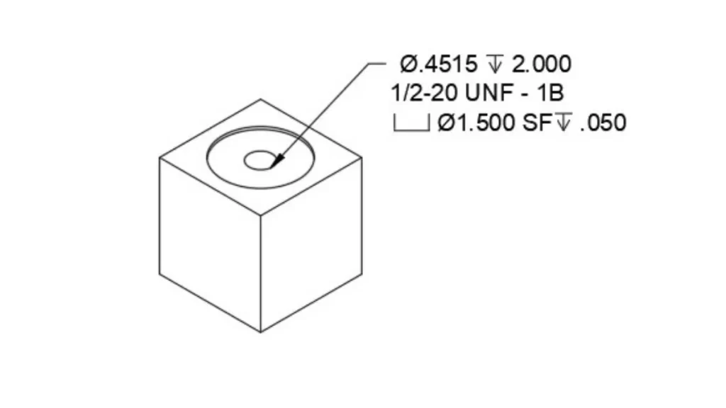 The image shows a 3D illustration of a spotface hole with labelled angles and dimensions.