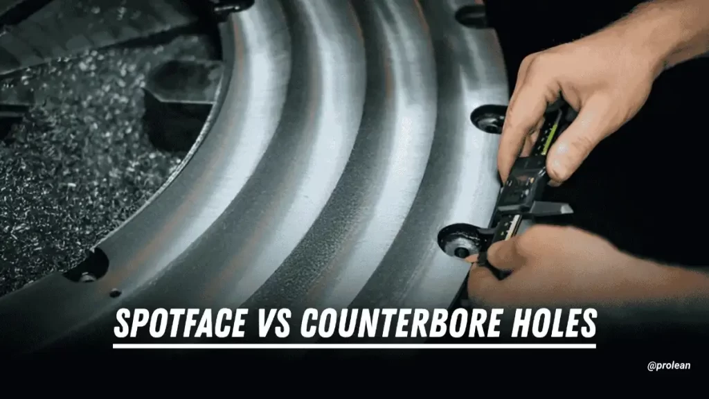 A feature image with overlaid text reading “Spotface vs Counterbore Hole” and a background image showing a close-up of machined holes on a metal surface.