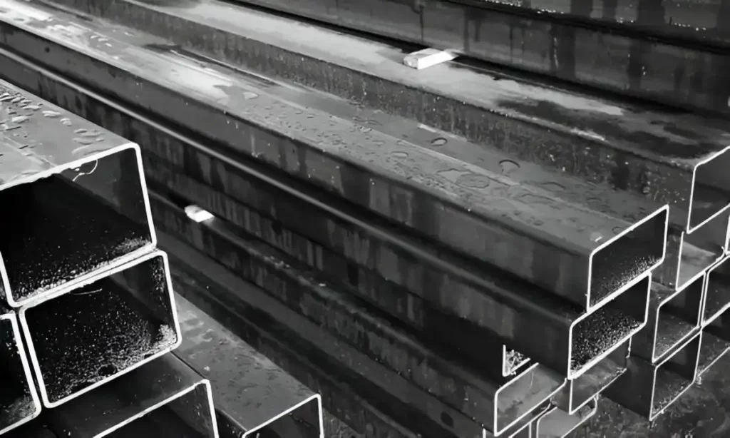 The image shows stacked square metal bar stock.